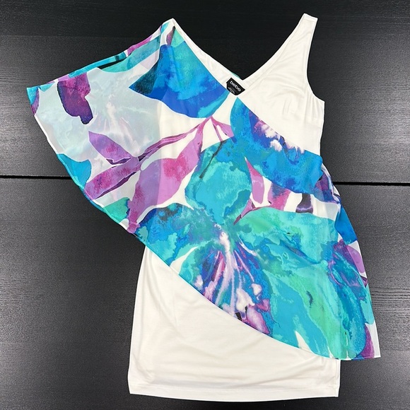 Bebe White Mini Dress with One Shoulder Asymmetric Sheer Printed Draped Cover -M - Picture 2 of 8